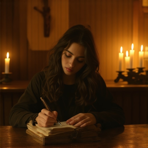 A person journaling spiritual experiences at a desk with a crucifix