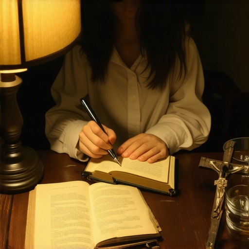 A person writing in a journal to document potential diabolical activity for a priest evaluation.