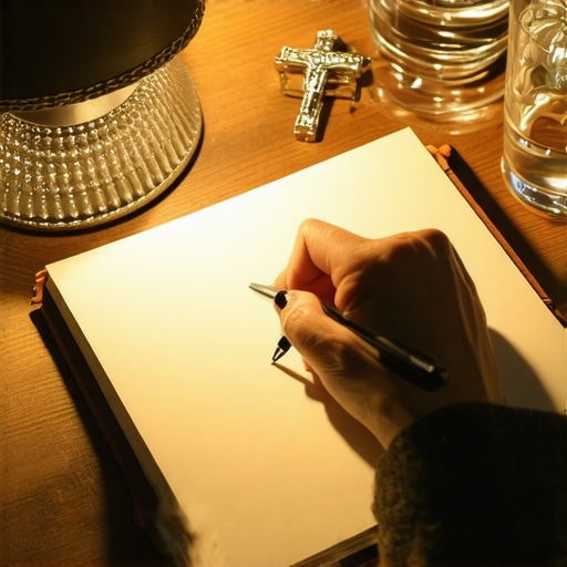 A hand writing in a journal next to a crucifix to document signs of spiritual infestation.