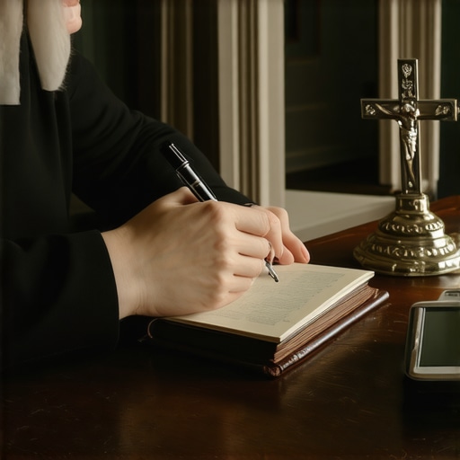 Hands documenting evidence of spiritual activity for a priest