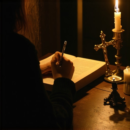A person recording signs of spiritual distress in a journal to prepare for a meeting with an exorcist.