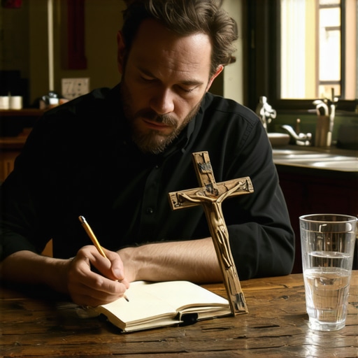 A man recording supernatural events in a notebook for a priest