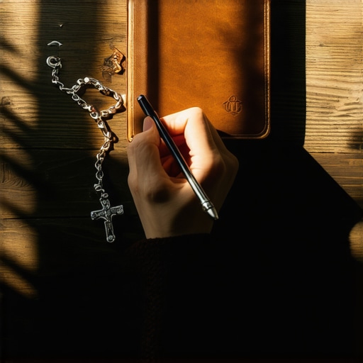 Documenting spiritual activity in a journal A hand writing observations of spiritual activity in a journal next to a rosary.