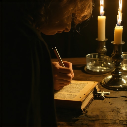 A person writing down spiritual experiences in a journal by candlelight for an investigation.