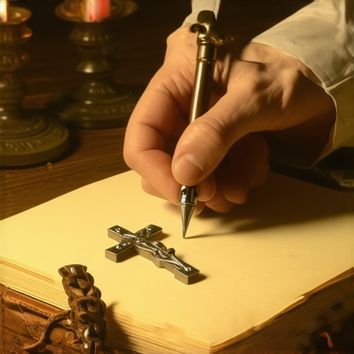 A person recording observations of spiritual phenomena in a notebook next to a crucifix.
