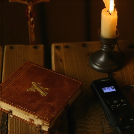 A notebook and recorder used for documenting spiritual activity for a priest's review.
