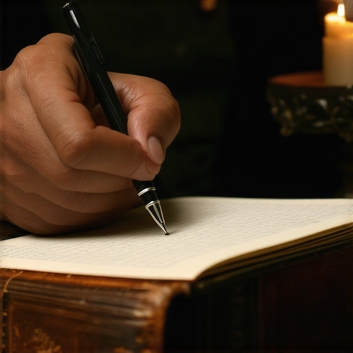 A hand writing in a journal by candlelight to document spiritual activity