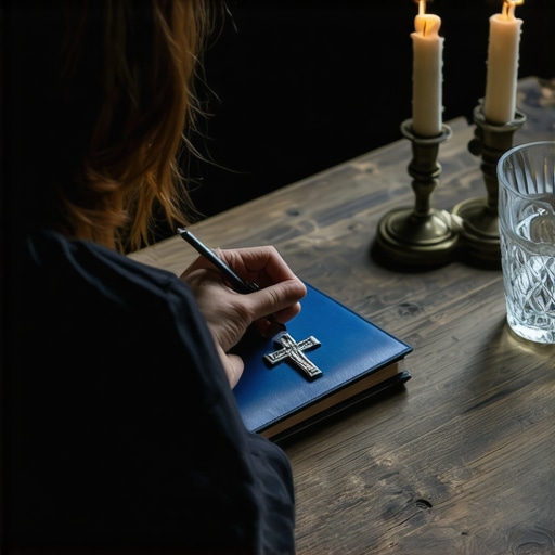 A person writing in a notebook next to a crucifix as part of documenting spiritual activity for an exorcism.