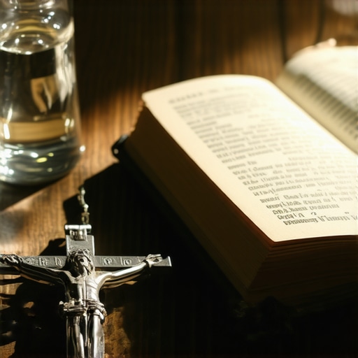 A crucifix, holy water bottle, and prayer book on a table used in spiritual deliverance.