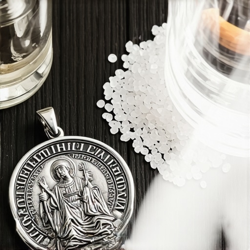 A Benedictine medal, holy water, and blessed salt used for spiritual protection in Virginia homes.