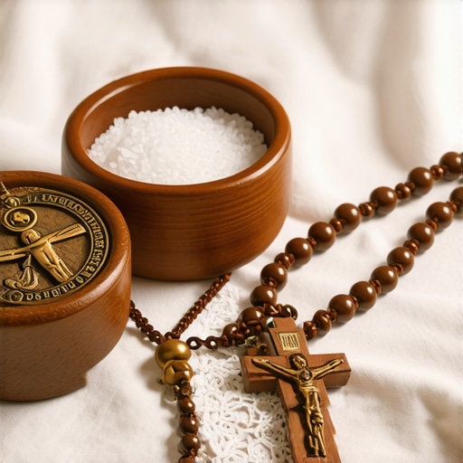 Close-up of blessed salt and a Benedictine medal on a home altar for spiritual protection.