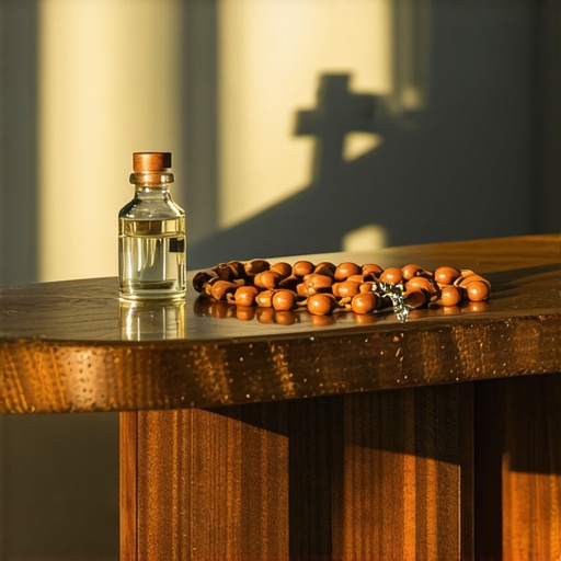 A rosary and holy water used for spiritual protection in a Virginia home.
