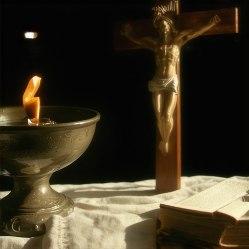 Essential Sacramentals for Spiritual Maintenance A home altar with a crucifix and holy water for maintaining spiritual peace