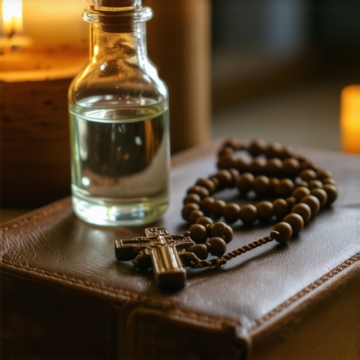 Holy water and rosary used for spiritual warfare maintenance in Virginia homes.
