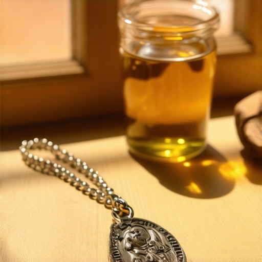 A Benedictine Medal and Holy Water used for maintaining a spiritually clean home in Virginia.