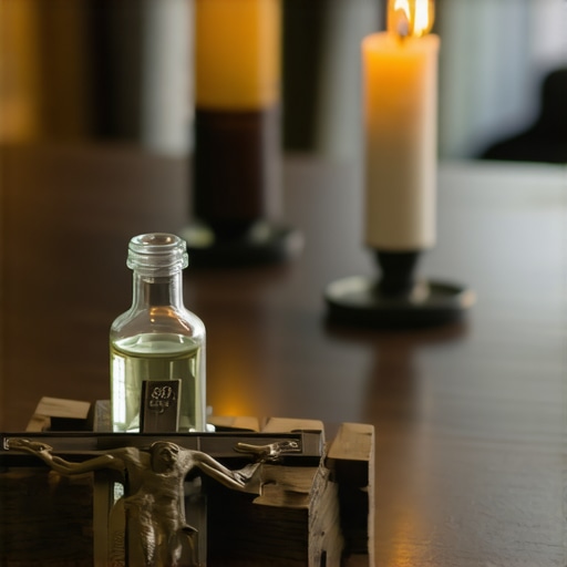 A Benedictine crucifix and holy water used for maintaining spiritual health in Virginia homes.