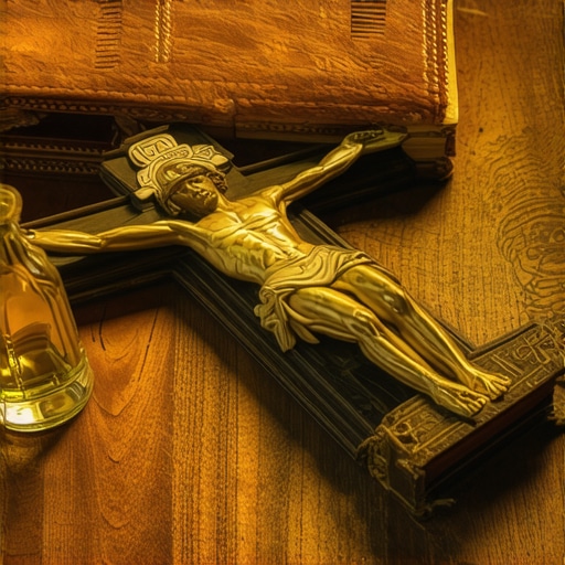 A blessed Benedictine crucifix and holy water for home protection.
