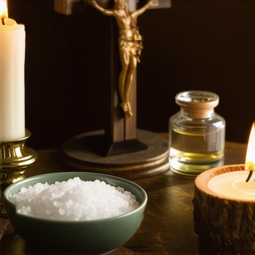A collection of Catholic sacramentals including a Benedictine crucifix and holy water on a home altar for spiritual warfare.