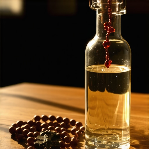 A bottle of holy water and a rosary on a table representing spiritual deliverance tools.