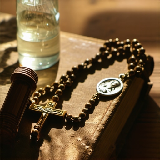 Catholic spiritual warfare tools including a Rosary and Holy Water for home protection.