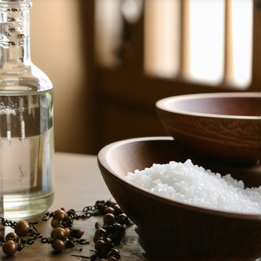 Blessed salt, holy water, and a Rosary used for spiritual protection in Virginia and DC homes.