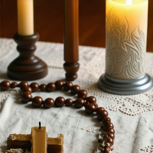 A home altar with a rosary and holy water for spiritual protection in Virginia