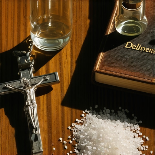 Sacramentals including holy water, blessed salt, and a prayer book used for maintaining spiritual freedom after exorcism.