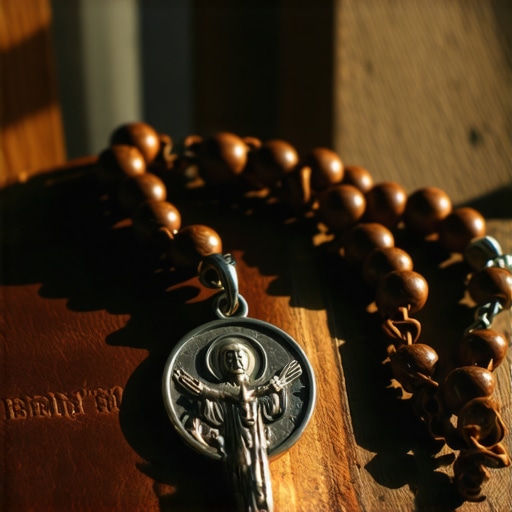A St. Benedict medal and a wooden rosary used for spiritual protection and maintenance in a home setting.