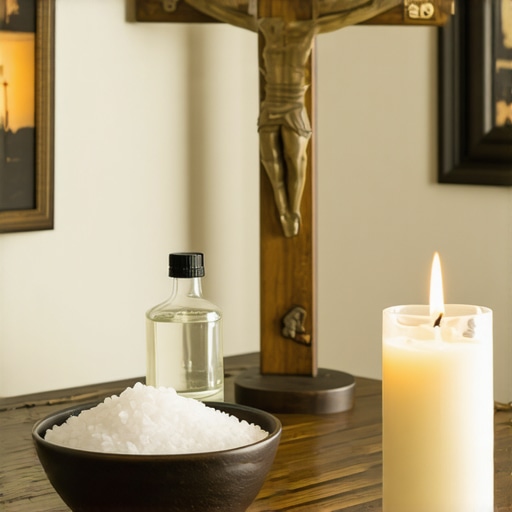A Catholic prayer corner with holy water and blessed salt for home protection.