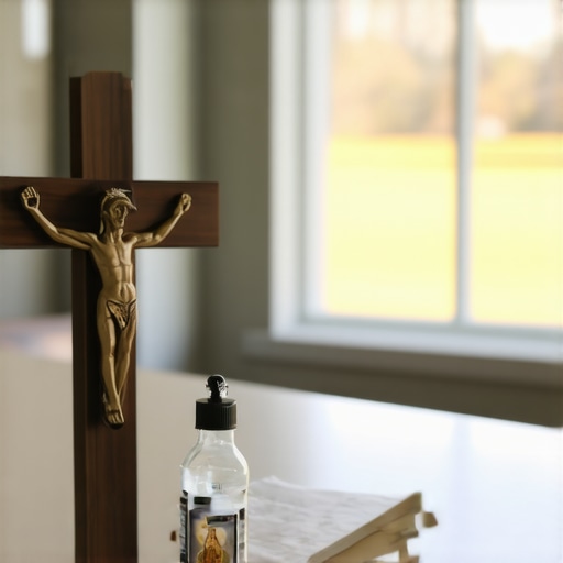 Home altar with crucifix and St. Benedict medal for spiritual maintenance