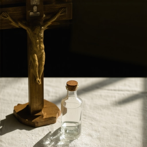 A crucifix, holy water, and blessed salt on a home altar for spiritual protection.