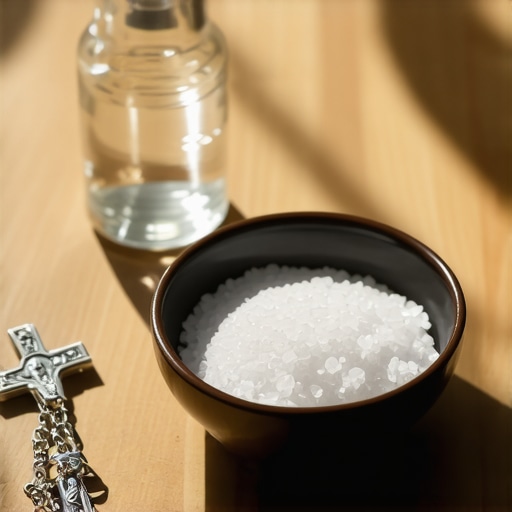 Blessed salt, holy water, and a rosary on a table for spiritual defense