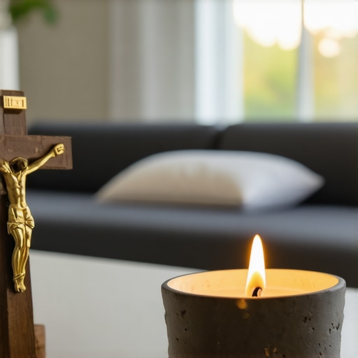 A home altar with a crucifix and holy water for spiritual warfare maintenance.