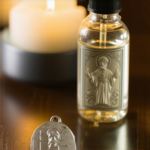 Holy water and St. Benedict medal used for spiritual maintenance in a home setting.