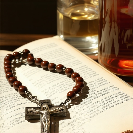 Catholic sacramentals including a Rosary and holy water for spiritual protection and deliverance maintenance.