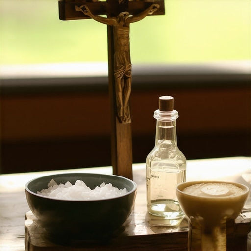 A home altar with blessed salt and holy water for spiritual maintenance in Virginia.