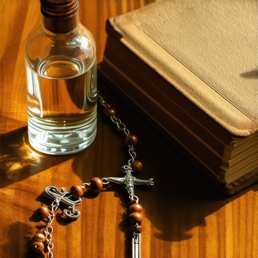 Holy water and a Rosary on a table representing spiritual protection tools.