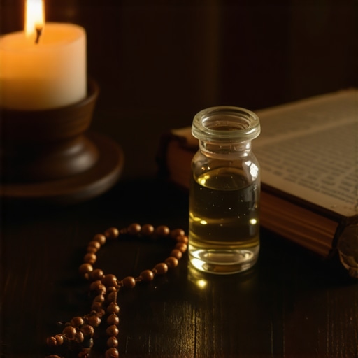 Blessed salt and a rosary on a table for spiritual protection.