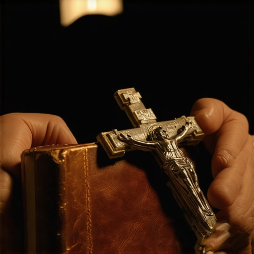 A Catholic priest prepares for a spiritual deliverance ritual with a crucifix and prayer book.