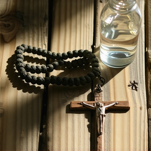 A paracord rosary and holy water bottle used for spiritual protection in Virginia homes.