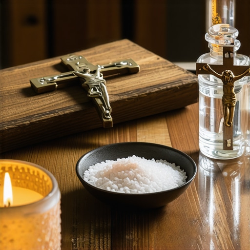 A small Catholic home altar featuring blessed salt and holy water for spiritual protection.