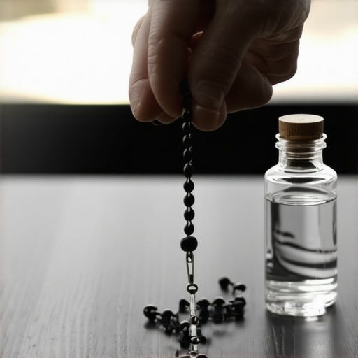 A rosary and holy water bottle used for spiritual preparation in Alexandria.