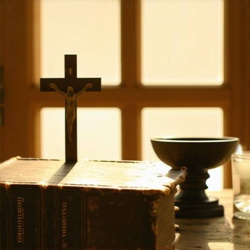 A book of Catholic prayers and a crucifix on a wooden table.