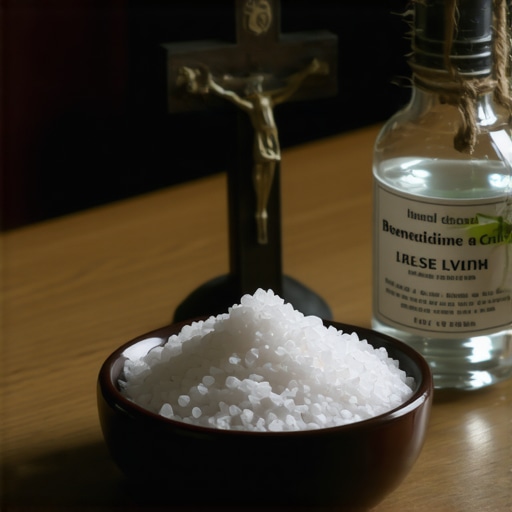 A Benedictine crucifix and holy water used for maintaining spiritual peace in a Virginia home.