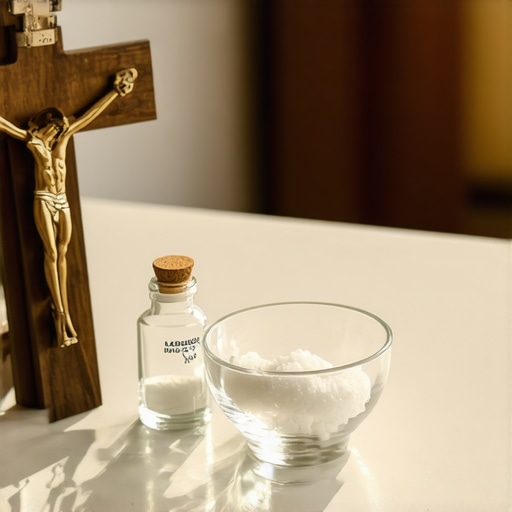 Blessed salt and holy water on a mantelpiece for spiritual protection.