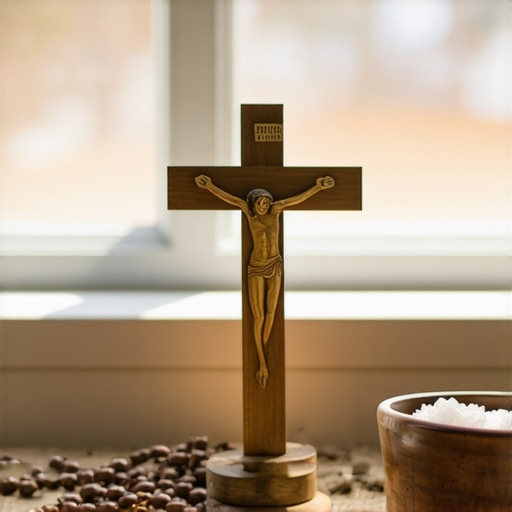 A home prayer corner with a rosary and blessed salt for spiritual protection.