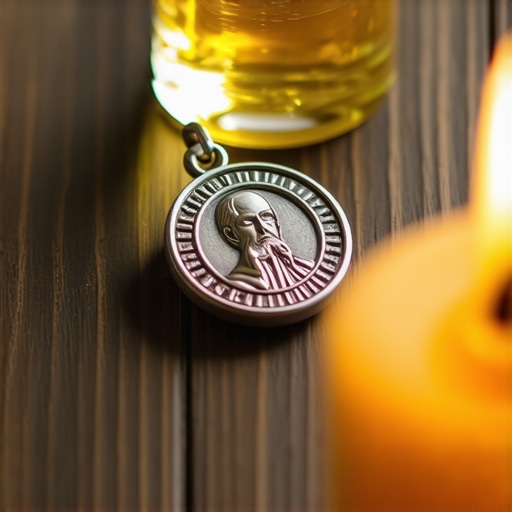 St. Benedict medal and blessed oil on a wooden table for spiritual protection.
