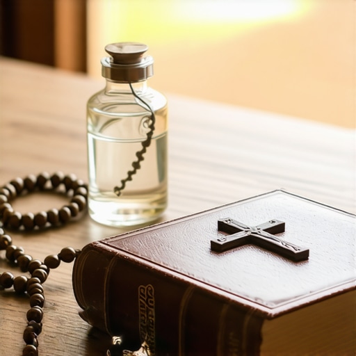 A collection of spiritual tools including a Bible, crucifix, and holy water used for maintaining spiritual health.