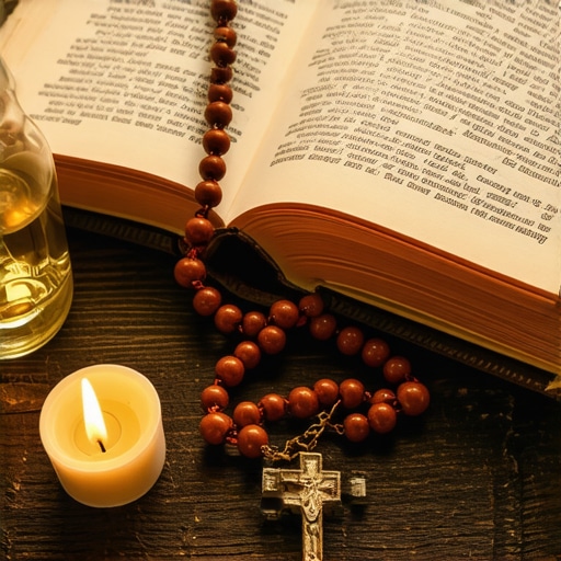 Catholic sacramentals including a prayer book and holy water for spiritual protection.