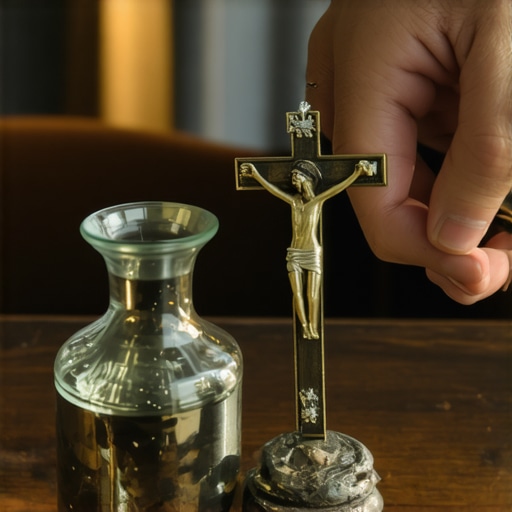 A Benedictine crucifix and holy water used for maintaining spiritual health in a home.